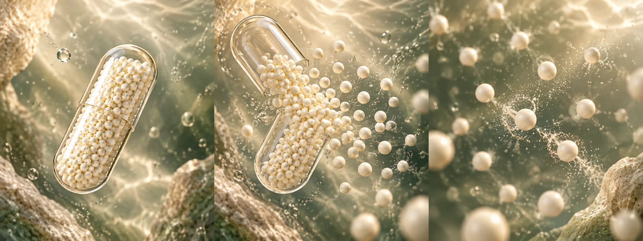 Concept illustration of a clear capsule opening to reveal individual beadlets