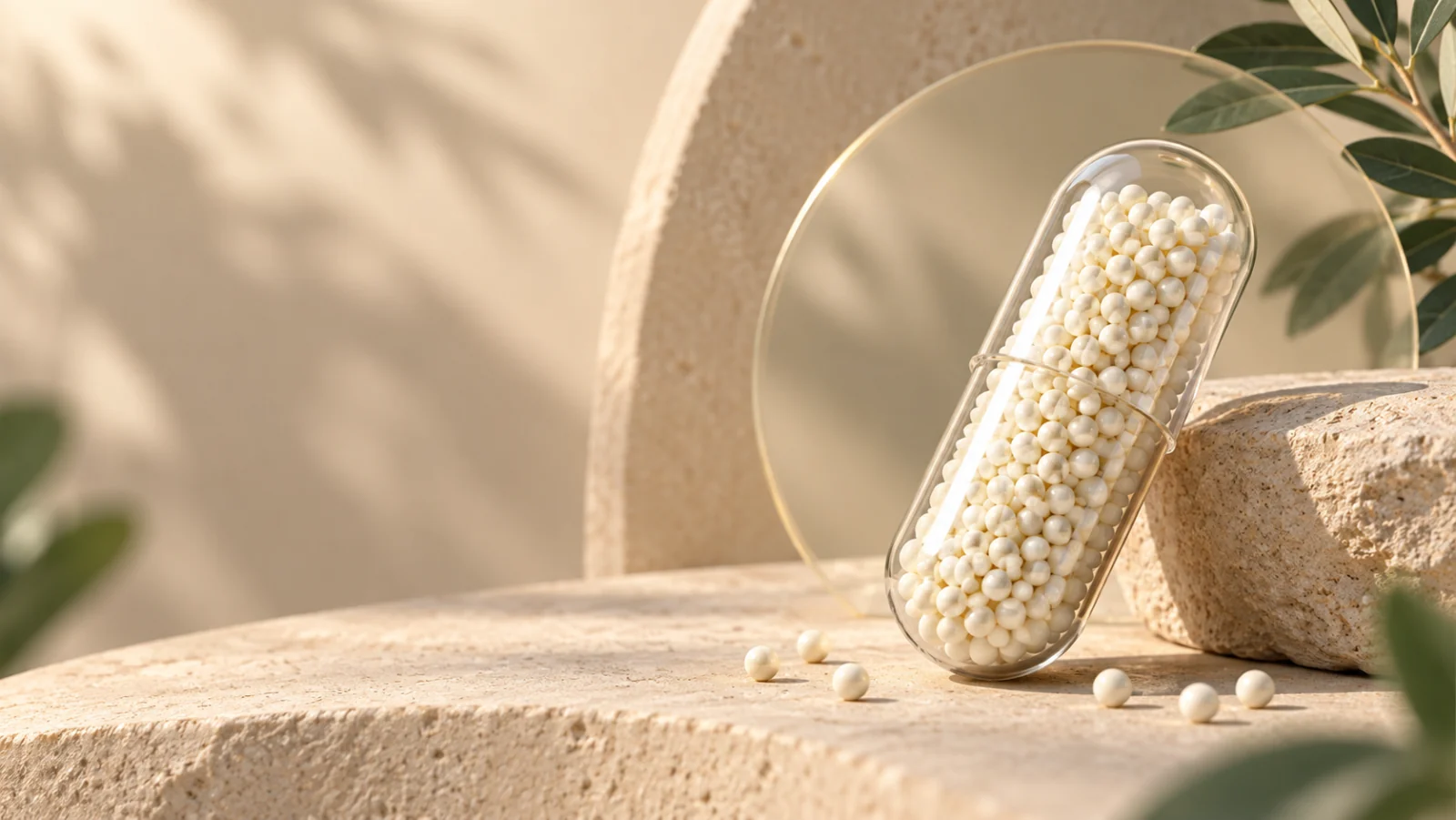 A close view of the small ivory beadlets contained inside a transparent capsule