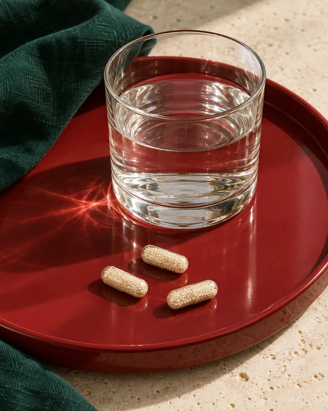 A glass of water and beadlet capsules on a cherry-red tray in afternoon light